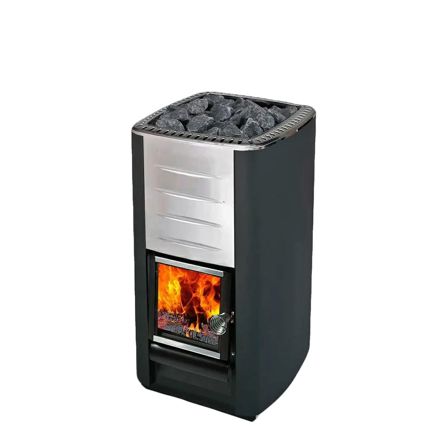 Wood-burning sauna stove inside a cedar barrel sauna