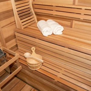 Cube sauna interior bench and window detail